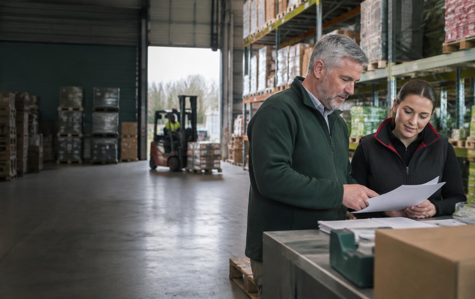 Distribution managers reviewing account information in a working warehouse